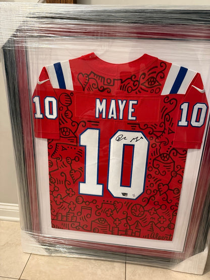 Drake Maye Signed 1/1 Art Jersey Alex Alpert Fanatics Authenticated Framed Patri