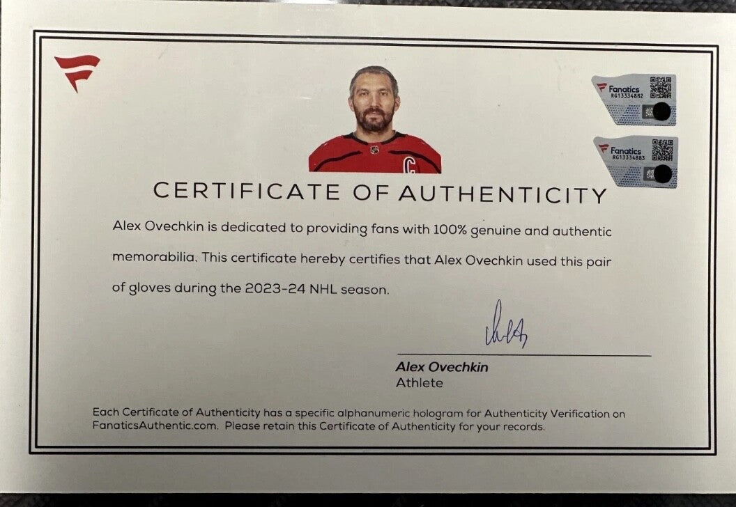 Alex Ovechkin GR8  Game Worn CCM Gloves Signed Fanatics Player Authenticated