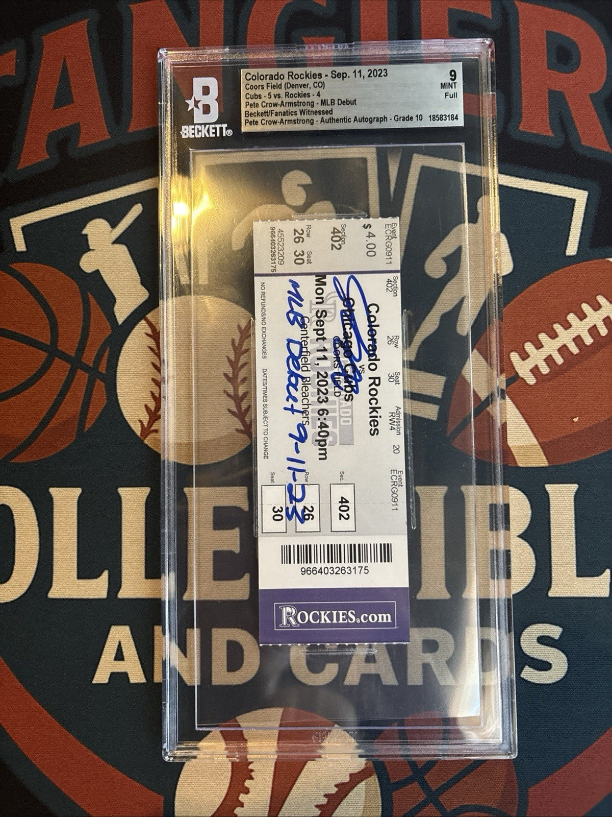 Pete Crow Armstrong Autographed MLB Debut Ticket Chicago Cubs 9/11/23 Beckett 9