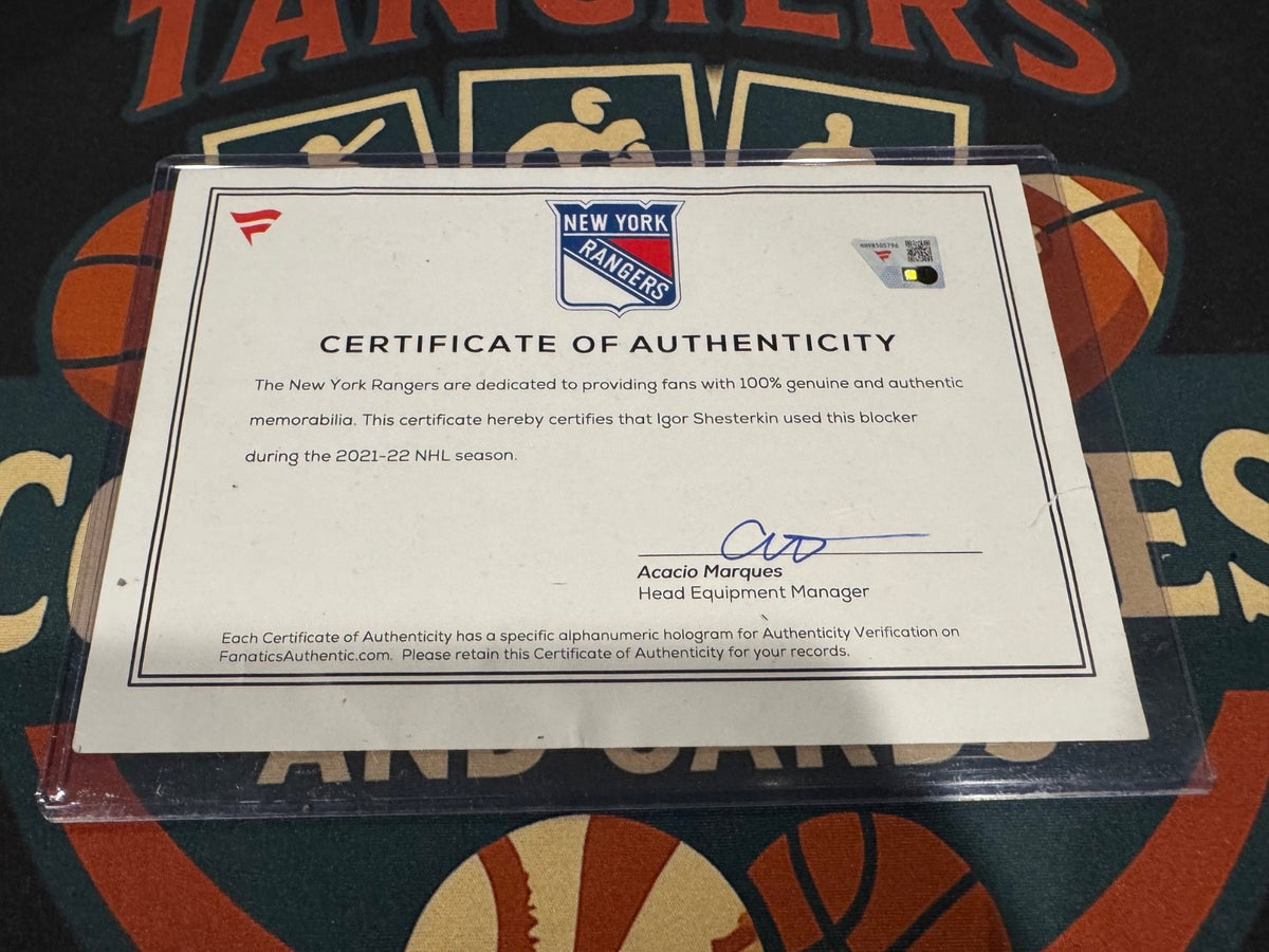 Igor Shesterkin Signed Game-Used Blocker Vezina Season Fanatics Auth LE