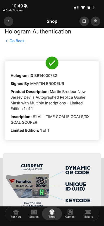 Martin Brodeur 1/1 Signed Goalie Mask Fanatics LE 1 of 1 Multi Inscribed HOF Dev