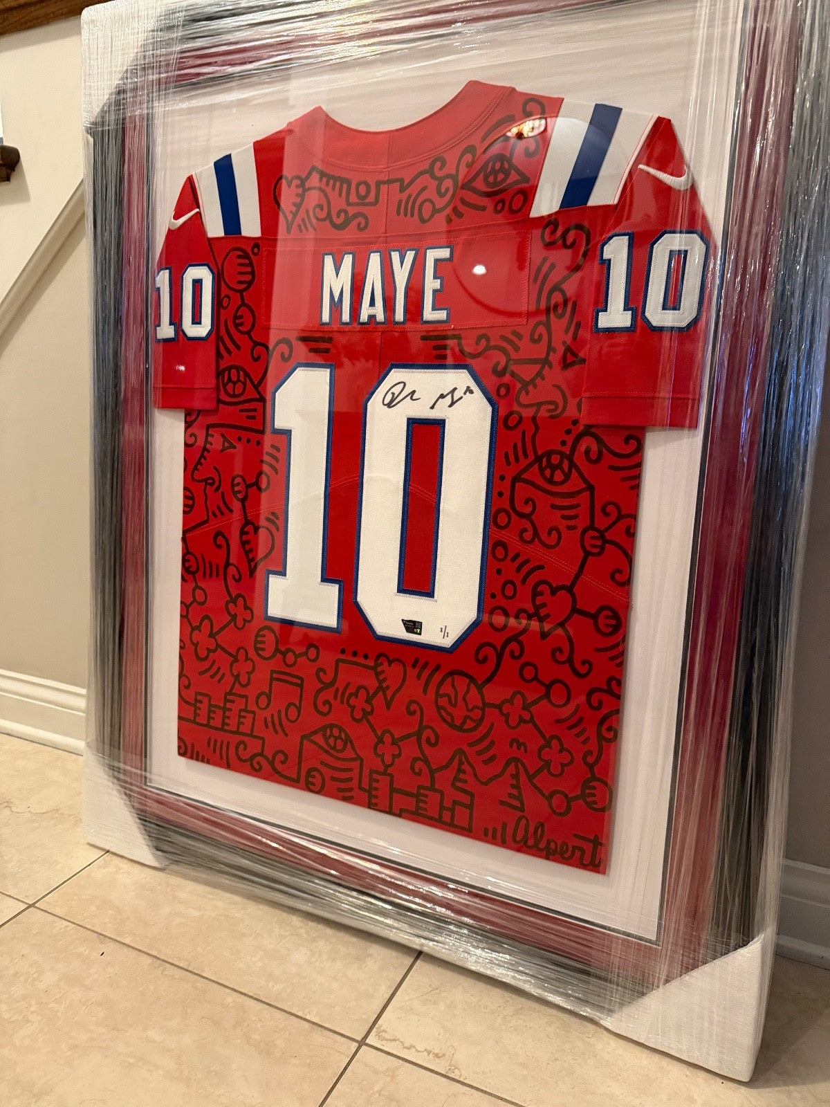 Drake Maye Signed 1/1 Art Jersey Alex Alpert Fanatics Authenticated Framed Patri