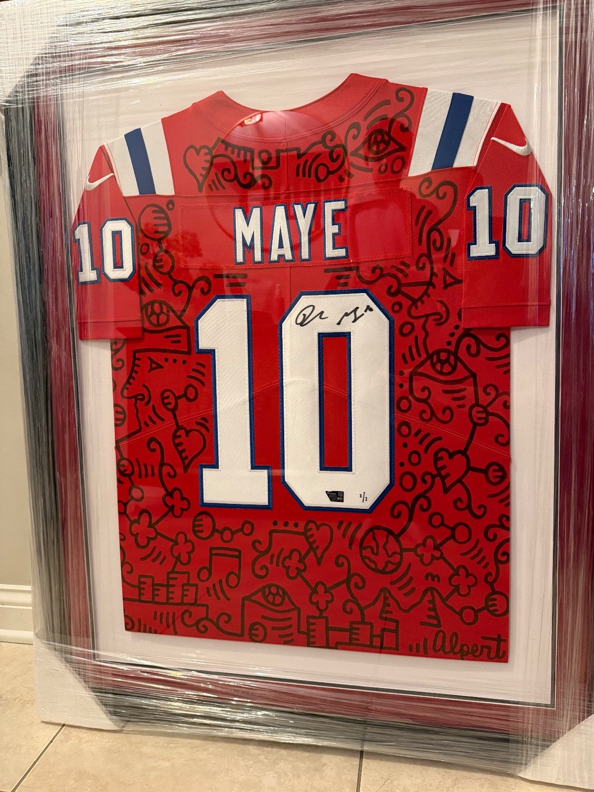 Drake Maye Signed 1/1 Art Jersey Alex Alpert Fanatics Authenticated Framed Patri