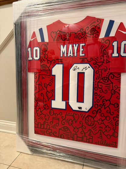 Drake Maye Signed 1/1 Art Jersey Alex Alpert Fanatics Authenticated Framed Patri