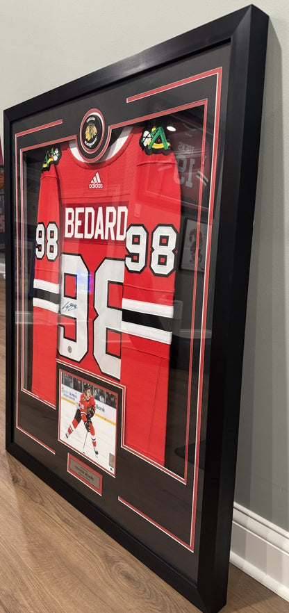 Signed Connor Bedard Chicago Blackhawks Adidas Jersey Framed - AJ sports COA